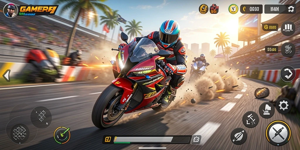 Tampilan gameplay balapan motor yang seru dan mendebarkan.