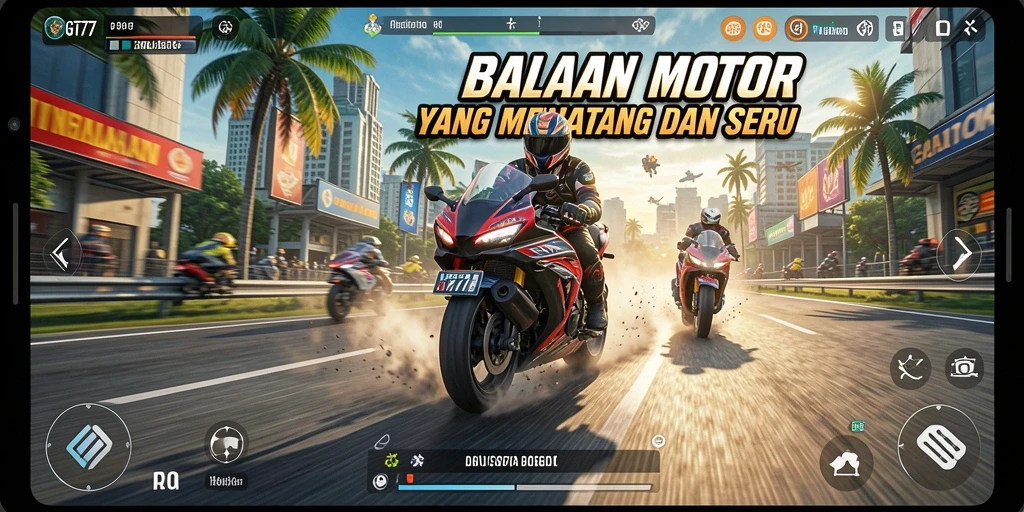 Screenshot GT777 menampilkan gameplay seru balapan motor di trek menantang.