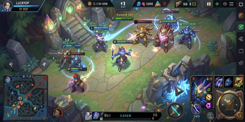 Tampilan gameplay LUCKYDF dengan aksi battle MOBA yang sengit.