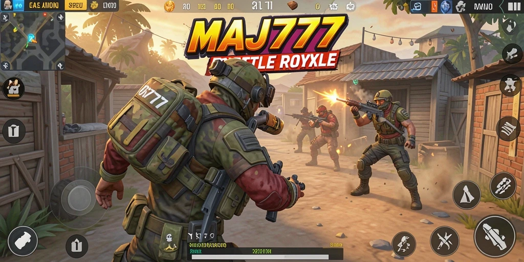 Tangkapan layar gameplay pertarungan seru dalam MAJ777 di arena Battle Royale.