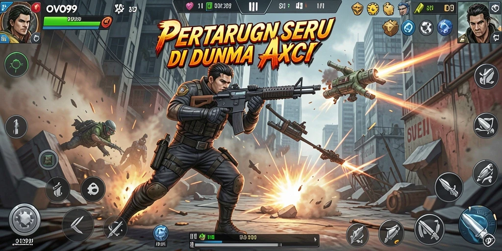 Screenshot gameplay OVO99 menampilkan pertarungan seru dan karakter yang beragam.