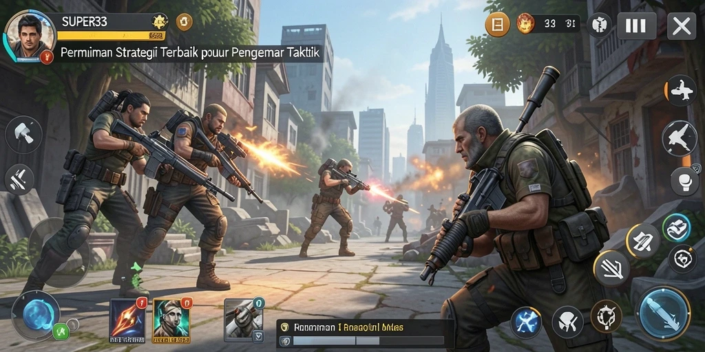 Tangkapan layar utama SUPER33 menampilkan aksi strategi mendebarkan dalam gameplay.
