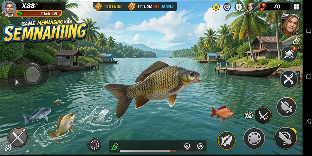 Screenshot gameplay X88 menampilkan pengalaman memancing yang menantang dan menyenangkan.